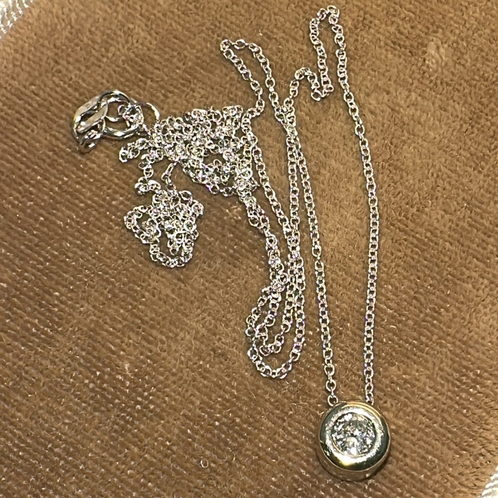 Solid Stamped 14K White Gold Natural Round Diamond Solitaire Bezel Necklace
